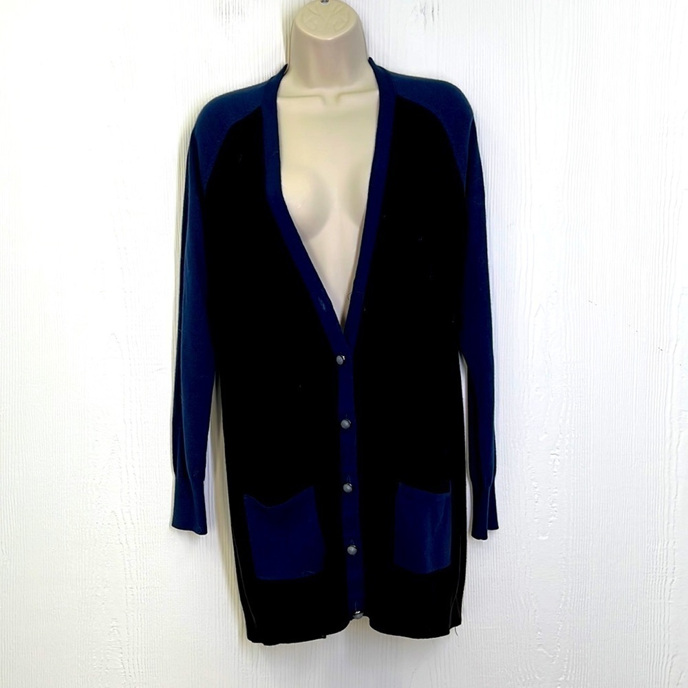 Kirna Zabete Target - Blue And Black Button Down Mesh Line Back Long Cardigan XS
